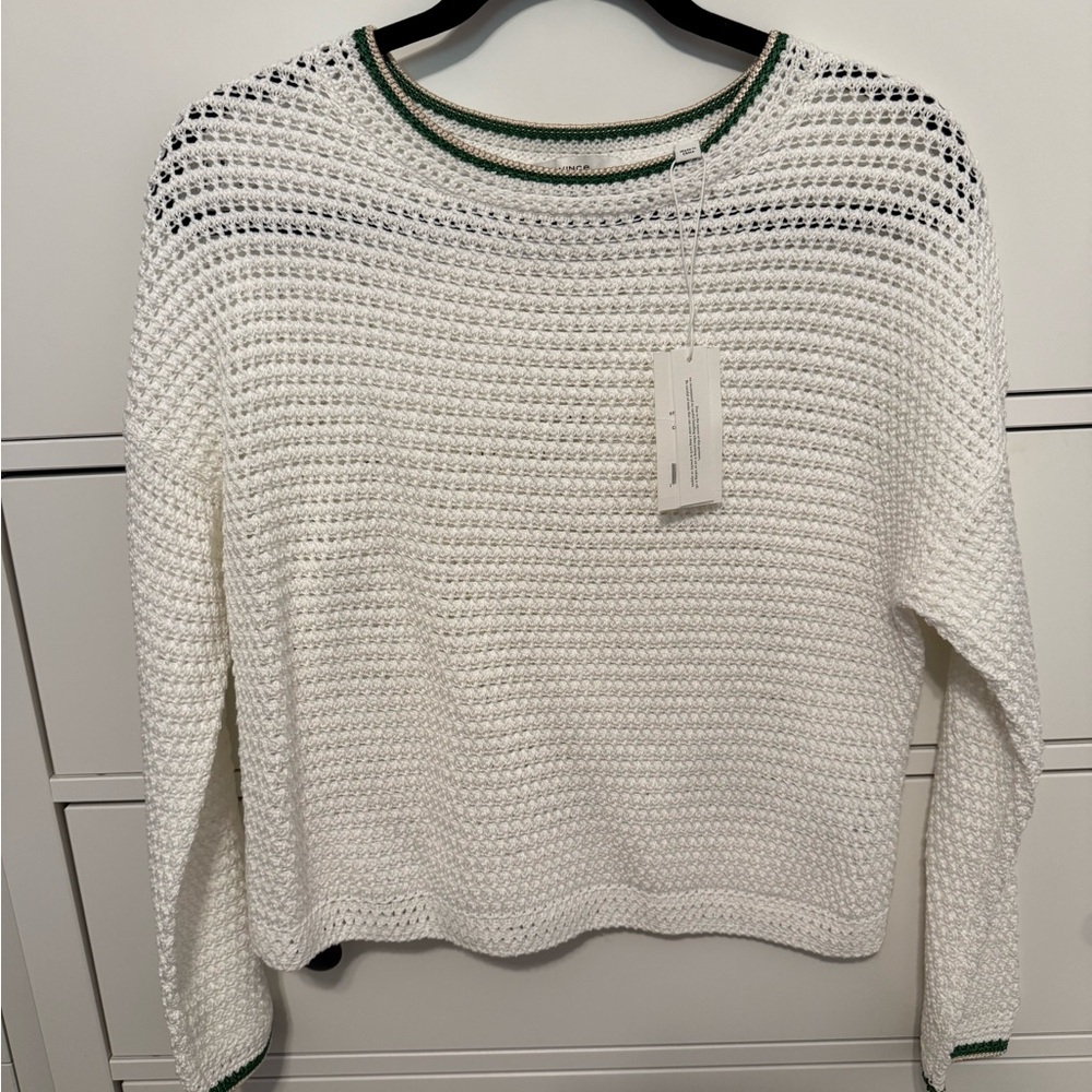 Vince White Sweater with Green Trim